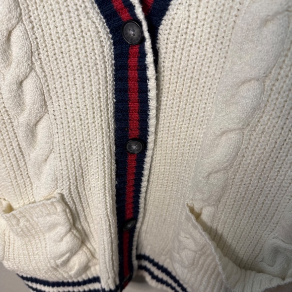 American Eagle White with Red and Navy Blue Trim Academia Style Cardigan - Picture 2 of 4